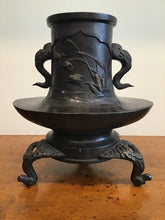 Load image into Gallery viewer, ANTIQUE JAPANESE BRONZE VASE VESSEL W/ CRANES & BIRDS ~MEIJI PERIOD~ SIGNED