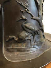 Load image into Gallery viewer, ANTIQUE JAPANESE BRONZE VASE VESSEL W/ CRANES & BIRDS ~MEIJI PERIOD~ SIGNED