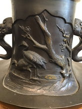 Load image into Gallery viewer, ANTIQUE JAPANESE BRONZE VASE VESSEL W/ CRANES & BIRDS ~MEIJI PERIOD~ SIGNED