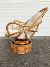 Load image into Gallery viewer, Pair of Vintage Swivel Papasan Bamboo Chairs with Matching Ottoman