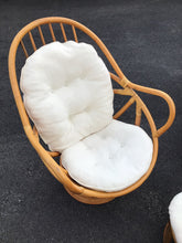 Load image into Gallery viewer, Pair of Vintage Swivel Papasan Bamboo Chairs with Matching Ottoman