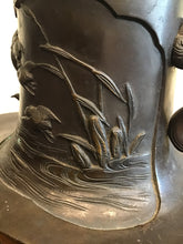 Load image into Gallery viewer, ANTIQUE JAPANESE BRONZE VASE VESSEL W/ CRANES & BIRDS ~MEIJI PERIOD~ SIGNED