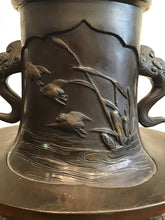 Load image into Gallery viewer, ANTIQUE JAPANESE BRONZE VASE VESSEL W/ CRANES & BIRDS ~MEIJI PERIOD~ SIGNED