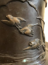 Load image into Gallery viewer, ANTIQUE JAPANESE BRONZE VASE VESSEL W/ CRANES & BIRDS ~MEIJI PERIOD~ SIGNED