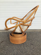 Load image into Gallery viewer, Pair of Vintage Swivel Papasan Bamboo Chairs with Matching Ottoman
