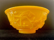 Load image into Gallery viewer, ANTIQUE PRUNUS CHINESE YELLOW PEKING GLASS BOWL ~SIGNED~ BIRDS
