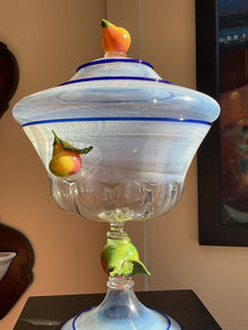 Large Venetian Lidded compote in Opalescent Glass & Figural Fruit