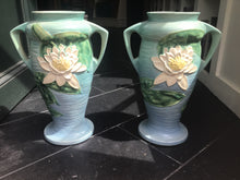 Load image into Gallery viewer, Antique Pair of Roseville Water Lily Urn Vases 16”
