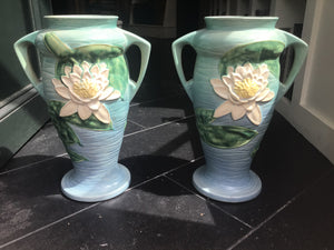 Antique Pair of Roseville Water Lily Urn Vases 16”