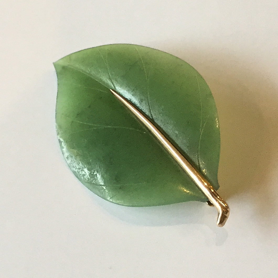 Gumps of San Francisco Jade & 14k Gold Leaf Pin Brooch