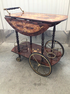 Italian Inlaid Wood Marquetry Bar or Tea Cart with Brass Wheels