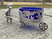 Load image into Gallery viewer, Antique German 800 Silver Figural Cart Salt Cellar with Cobalt Glass Liner
