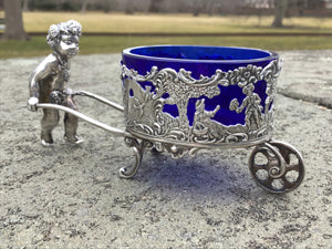 Antique German 800 Silver Figural Cart Salt Cellar with Cobalt Glass Liner