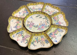 Antique Chinese Enamel Butterfly Shaped Sweet Meat Dish Set