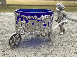 Antique German 800 Silver Figural Cart Salt Cellar with Cobalt Glass Liner