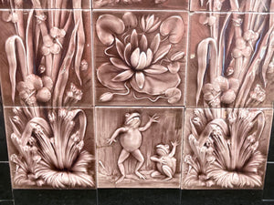 Antique Art Nouveau Fireplace Surround Tile Set Featuring Frogs & Lily Pads
