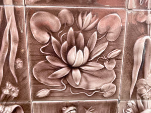 Antique Art Nouveau Fireplace Surround Tile Set Featuring Frogs & Lily Pads