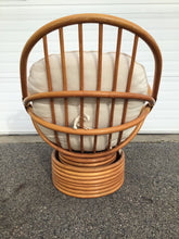 Load image into Gallery viewer, Pair of Vintage Swivel Papasan Bamboo Chairs with Matching Ottoman
