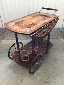 Italian Inlaid Wood Marquetry Bar or Tea Cart with Brass Wheels