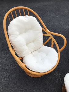 Pair of Vintage Swivel Papasan Bamboo Chairs with Matching Ottoman