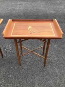 Pair of Teak Marquetry TV Tray Tables on Stands with Bird Motifs