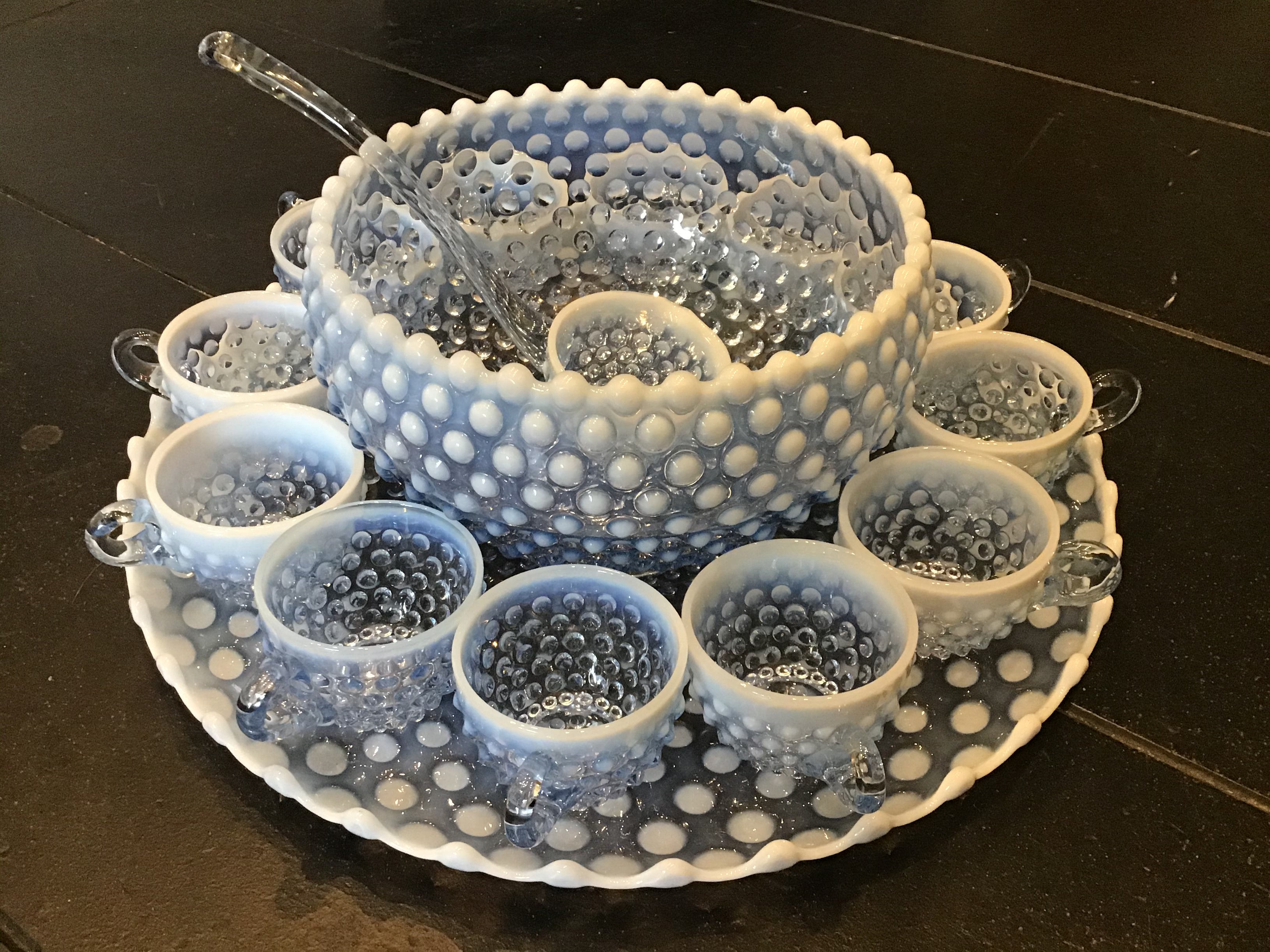 Duncan & Miller Blue Opalescent Punch Bowl Set – LeMay & Co. Antiques