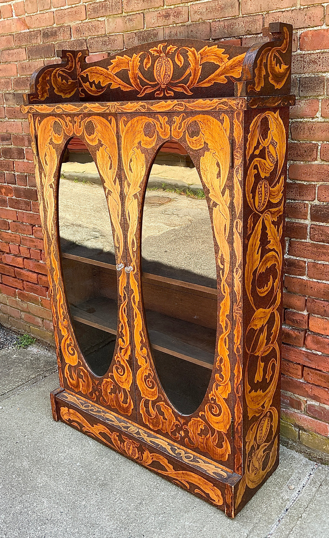 Antique Carved Pyrography Bookcase Cabinet Early 1900’s