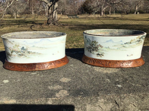 Antique Pair of Chinese Planters on Wood Bases