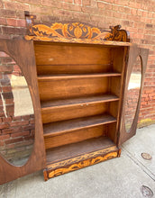 Load image into Gallery viewer, Antique Carved Pyrography Bookcase Cabinet Early 1900’s
