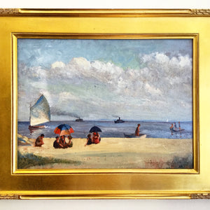 Beach Scene Oil Painting on Board by Paul E. Saling circa 1936