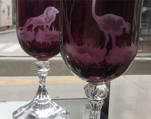 Set of 8 Antique Etched Safari Animals glasses featuring lions, ostriches, rhinos and more