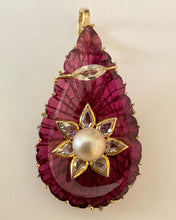 Load image into Gallery viewer, Tear Drop Violet Tourmaline Pendant With Diamonds and Pearl Set in 18k Gold
