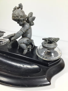 ANTIQUE 19th CENTURY FRENCH FIGURAL INK WELL STAND ~CUPID FORGING ARROWS~