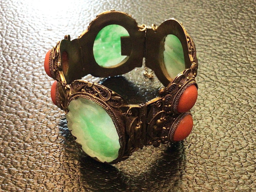 Antique Chinese Jade & Gilt Silver Paneled Bracelet