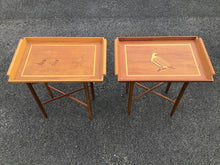 Load image into Gallery viewer, Pair of Teak Marquetry TV Tray Tables on Stands with Bird Motifs

