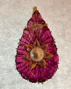 Tear Drop Violet Tourmaline Pendant With Diamonds and Pearl Set in 18k Gold