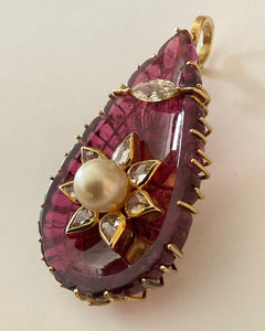 Tear Drop Violet Tourmaline Pendant With Diamonds and Pearl Set in 18k Gold